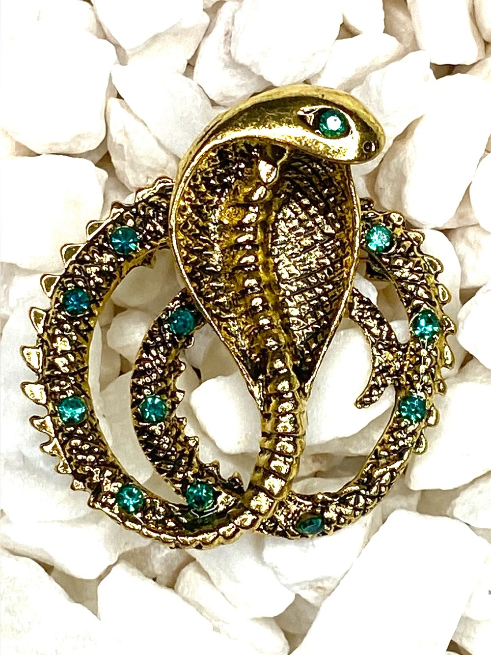 Gold Cobra Brooch with Emerald Green Stones - Fashion Women Jewelry